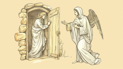 Angel Gabriel Delivering Message to Mary, Announcing Jesus' Birth, Humble Nazareth Home, Biblical Illustration, Beige Background, Copyspace