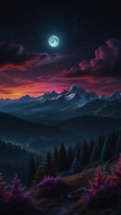 Wall Mural - illustration of mountains with beautiful moon