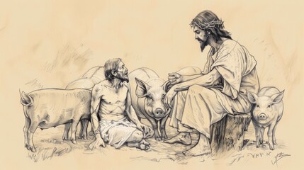 Wall Mural - Jesus Casting Out Demons into Herd of Pigs, Healed Man at His Feet, Biblical Illustration, Beige Background, Copyspace