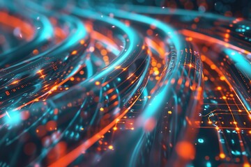 Canvas Print - Close-up of glowing fiber optic cables and circuitry, symbolizing high-speed data network and futuristic technology