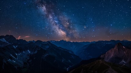 Wall Mural - stunning night view of mountains under a star-filled sky and milky way, casting ethereal glow and sh