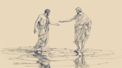 Wall Mural - Biblical Illustration of Peter Walking on Water, Sinking, Jesus Saving, Beige Background, Copyspace