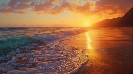 Wall Mural - Sunset over the ocean overlooking a sandy beach