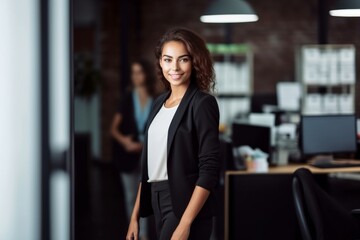 Wall Mural - A photo of happy businesswoman standing in office. Confident female professional at workplace. She is in formalwear