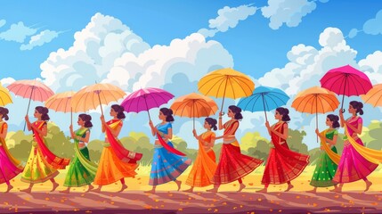 A festive procession of women carrying colorful umbrellas and singing traditional Teej songs Cartoon style illustration vector