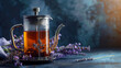 © retrostudio - Lavender tea in french press on dark background. Copy space