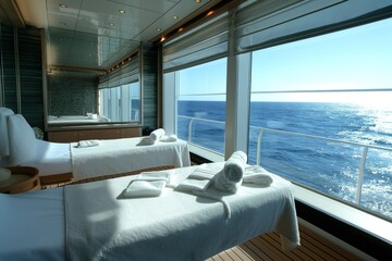 Relaxing spa setting on a cruise ship with massage tables overlooking the boundless ocean under a clear blue sky