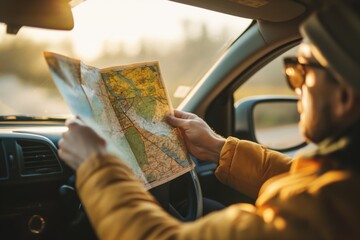 Canvas Print - Person sits in the driver's seat of a car, holding and examining a road map in the warm light of sunset