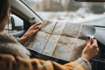 Canvas Print - Closeup shot of a person's hands holding a road map while sitting in the driver's seat of a parked car