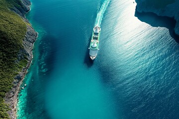 Wall Mural - Drone capture of a luxurious cruise ship navigating the calm turquoise sea between towering cliff sides on a sunny day