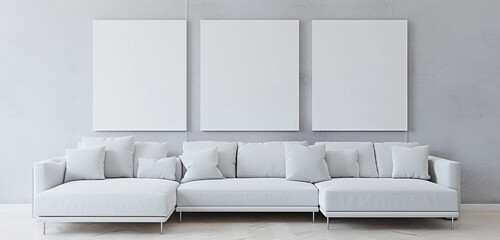 Modern minimalist gallery with three blank light grey canvases and white sofa, 3D rendering concept.