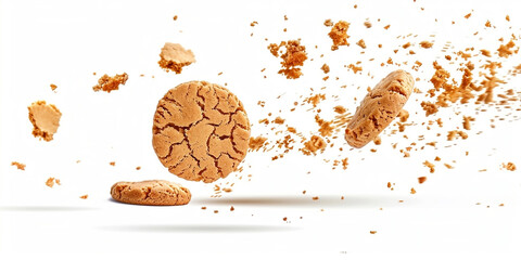 Cookies Isolated on white background. Pile cake crumbs, cookie pieces flying isolated on white, clipping path. Cookies crumbs in flight.