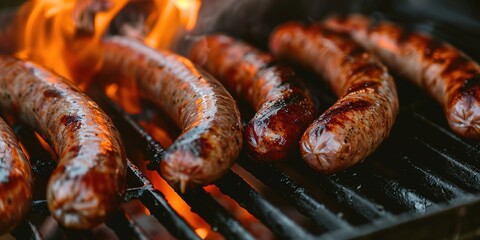 Wall Mural - Grilled Sausages with Fiery Flames