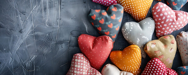 Wall Mural - Love Handmade heart cushions background flat lay llustration  concept with copy space for text.