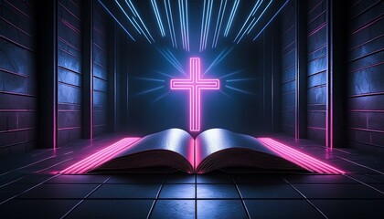 Wall Mural - Christian Cross with Bible - Symbol of Christianity - Enlightening by Reading the Bible - Book of Christians - Cross symbol - Crucifixion of Jesus Christ - Holy Rays - Blessing from Above