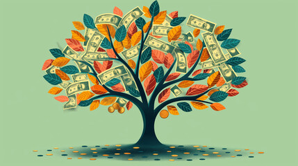 Wall Mural - A stylized tree with coins and dollar bills growing as leaves, representing investment growth and financial prosperity.