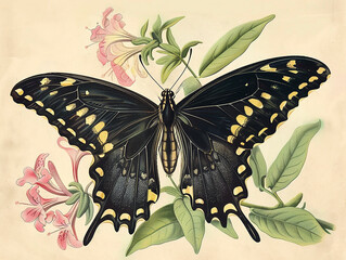 Wall Mural - Vintage botanical illustration, butterfly. AI generative.