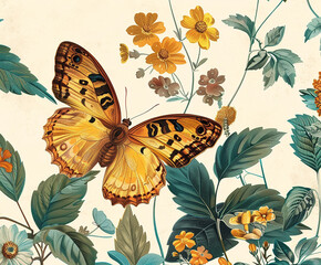 Wall Mural - Vintage botanical illustration, butterfly. AI generative.