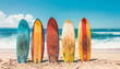 © Wonderful Studio - Colorful surfboards standing upright in the sand on a sunny beach, ocean waves in the background, vibrant and energetic, realistic photography, high detail, adventure spirit