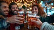 © GenerativeAIpicture - A group of friends clinking their beer glasses together in a lively pub with festive decorations