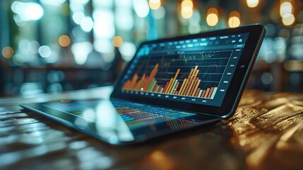 coworkers in a business partnership use a tablet to analyze a graph of the company s financial budget report