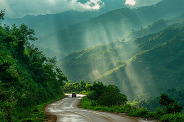 A car is driving down a road in the mountains