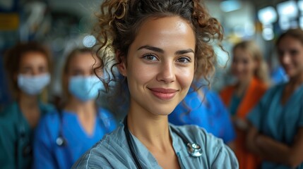 female doctor and her staff at the hospital with crossed arms a leader a grin and a healthcare worker stand with a group