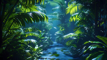 Wall Mural - Captivating Neon-Tinged Tropical Oasis with Lush Foliage and Intriguing Lighting