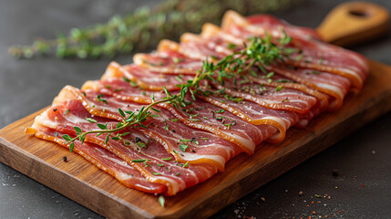 Wall Mural - fresh pork meat with rosemary and spices on a wooden board, top view