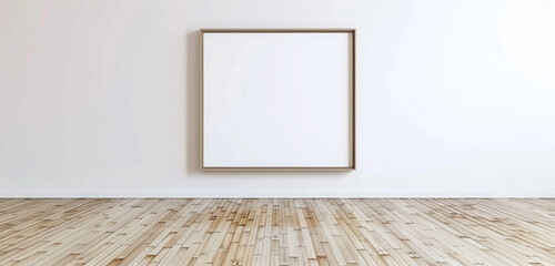 Ultra high definition 3D render of a blank frame on a white wall in a room with bamboo flooring. High-quality mockup.