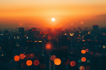 Wall Mural - A blurred city skyline with the sun setting in the background, during the golden hour, with a bokeh effect, warm tones