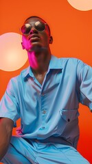 Wall Mural - Dynamic Editorial Fashion Portrait of Stylish Young Adult Man in Vibrant Saturated Color Scheme