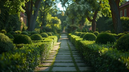 Wall Mural - A formal garden with manicured hedges