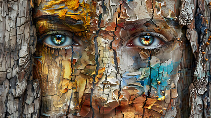 Wall Mural - Abstract colorful Portrait of Human face on wood bark. Bold Brush. Generative AI 