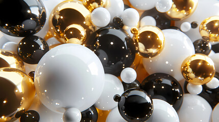Wall Mural - Cluster of abstract spheres and solids, gold, white and black, 3d render 