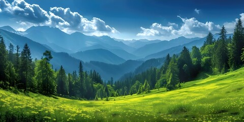 Wall Mural - Breathtaking Carpathian Mountains scenery featuring vibrant forest under a clear blue sky. Concept Landscape Photography, Nature Pictures, Mountain Scenery, Forest Views, Blue Sky Shots