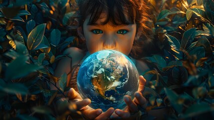 Wall Mural - Innocent Child Holding Fragile Plastic-Encased Earth in Vibrant Tropical Foliage Painting with Fauvism and Magical Realism Undertones