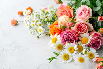 Wall Mural - A bouquet of flowers with a mix of pink and yellow flowers