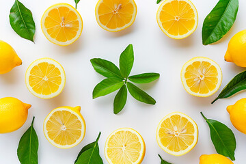 Canvas Print - A close up of a bunch of lemons and their leaves