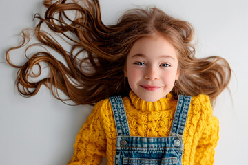 Wall Mural - A young girl with long brown hair is wearing a yellow sweater and blue overalls