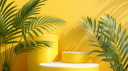 Wall Mural - Pedestal, steps and shelf. Palm trees leaves topical juicy. 3d render illustration. Podium steps for brand promotion product. Creative yellow background for advertising presentation. Stand base mockup