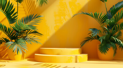 Wall Mural - Pedestal, steps and shelf. Palm trees leaves topical juicy. 3d render illustration. Podium steps for brand promotion product. Creative yellow background for advertising presentation. Stand base mockup
