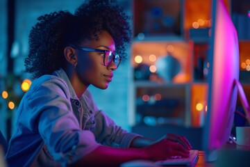 experienced woman programmer is intensely coding in a neonlit room, displaying concentration and pro