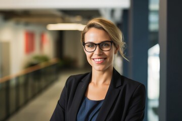 Wall Mural - Portrait of confident businesswoman smiling in office A photo of confident young businesswoman smiling. Portrait of happy female executive is wearing eyeglasses. She is in formals at office