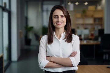 Wall Mural - Portrait of happy businesswoman standing arms crossed in office. Confident female professional is at workplace. Beautiful executive is in formals