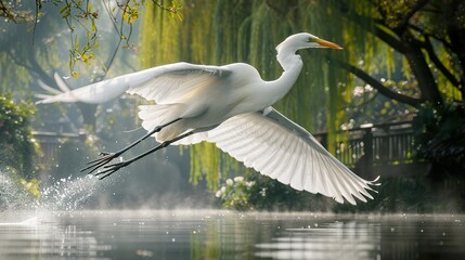 Wall Mural - A white egret flying with its wings spread, with its elegant posture, its long legs dragged behind it