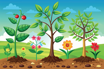 Wall Mural - This image shows four plants, each in different stages of growth. symbolizes growth or progress, which can be relevant in different contexts such as development, education, or life cycles.