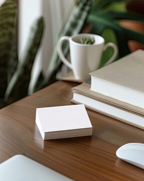 a mockup of a blank white business card on a desk