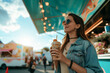 © Patcharaphon - Happy woman buy snack and beverage from food truck at outdoor market in food festival