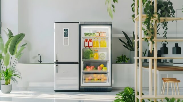  A sleek and modern smart fridge showcasing advanced technology features such as touch-screen displays, voice command integration, and automated inventory management.